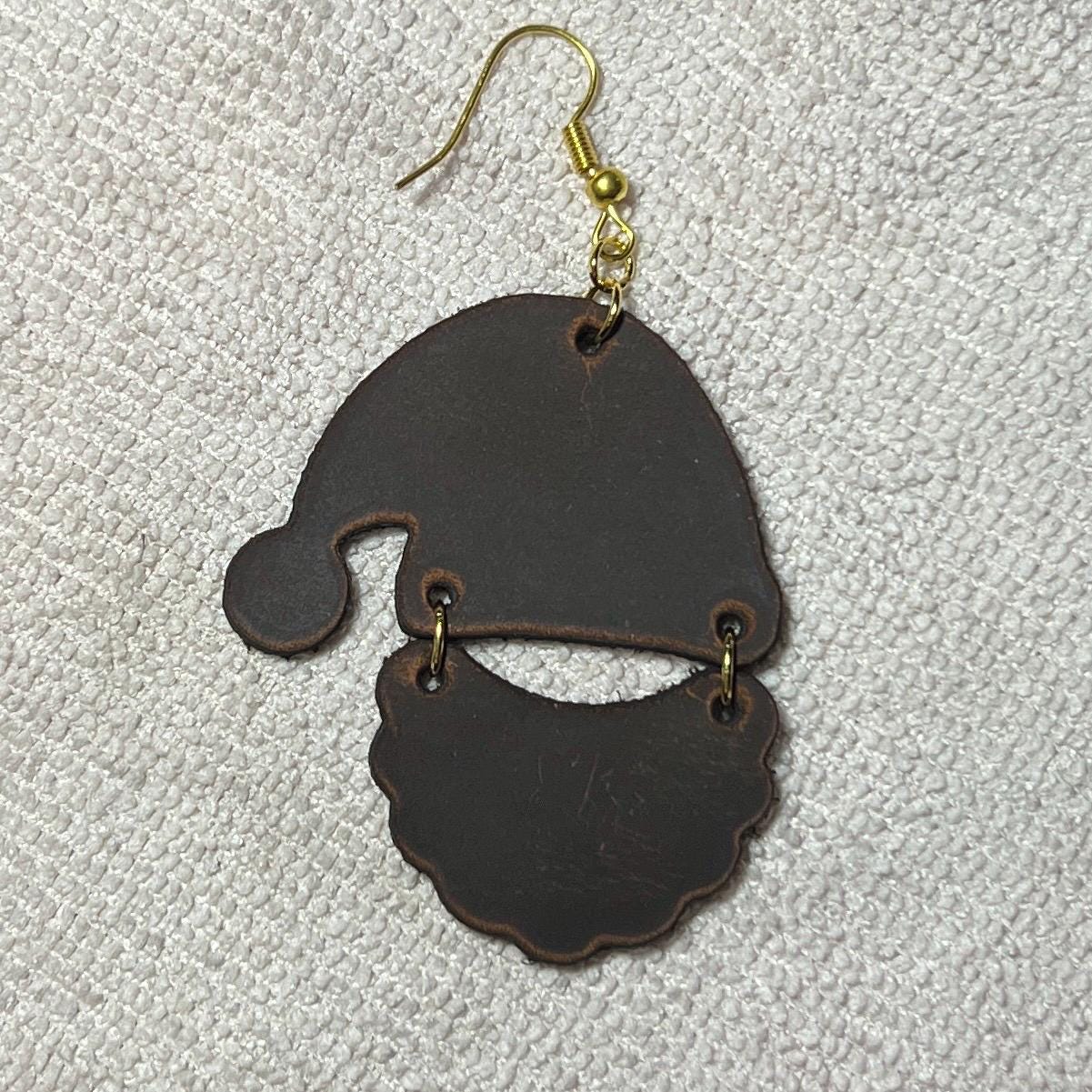 Handmade Leather Santa Claus Earrings, Festive Holiday Dangle Jewelry
