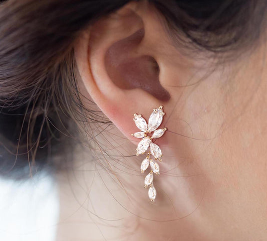 Crystal Bridal Earrings Drop Earrings Rose Gold Wedding Jewelry Crystal leaf Earrings Gold Bridal Jewelry Silver bridal earrings