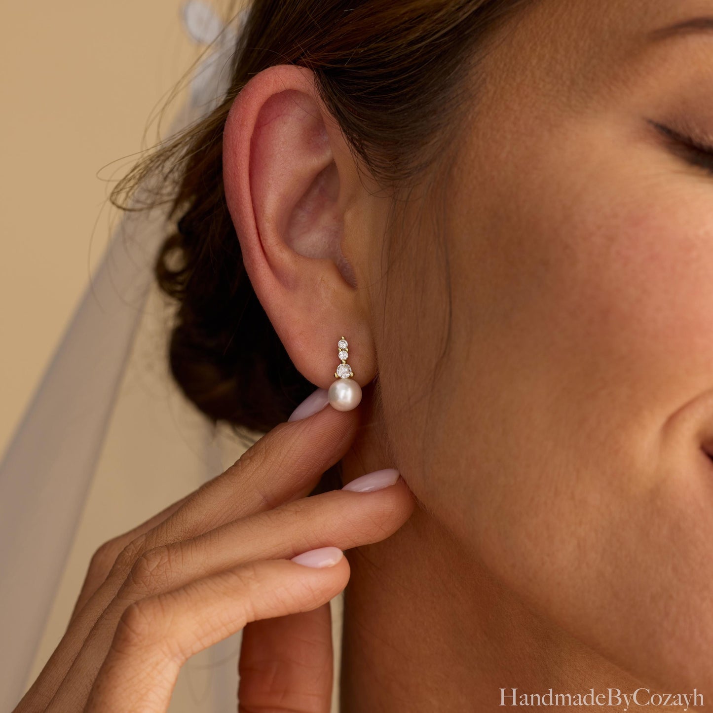 Diamond Pearl Drop Earrings, Simple Freshwater Pearl Earrings, Dainty Wedding Jewelry, Bridesmaid Gift, Bridal Earrings, Mother's Day gift