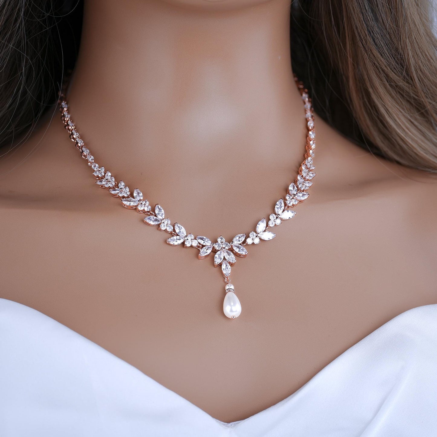 Bridal Necklace set Pearl Wedding Jewelry Gold Pearl Necklace Pearl Bridal Necklace set Drop Earrings Crystal Pearl Necklace