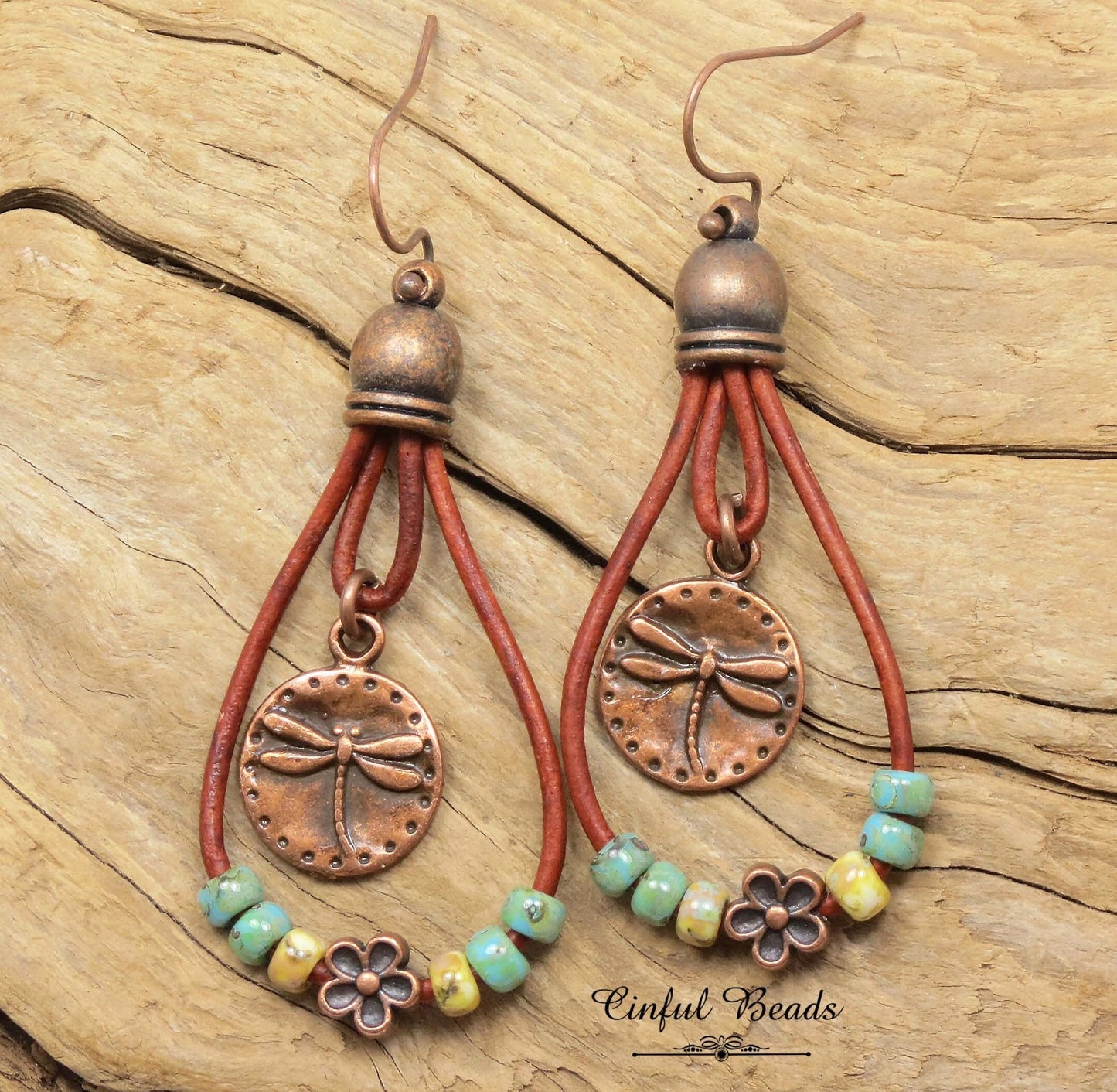 Boho Leather Dangle Earrings - Copper Dragonfly Leather Teardrop Earrings - Turquoise Picasso Leather Southwestern Earrings