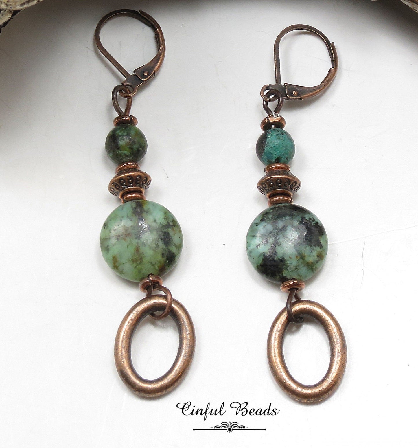 African Turquoise Copper Dangle Earrings - Antique Copper Boho Gemstone Earrings - Natural African Turquoise Drop Earrings - Stone Earrings