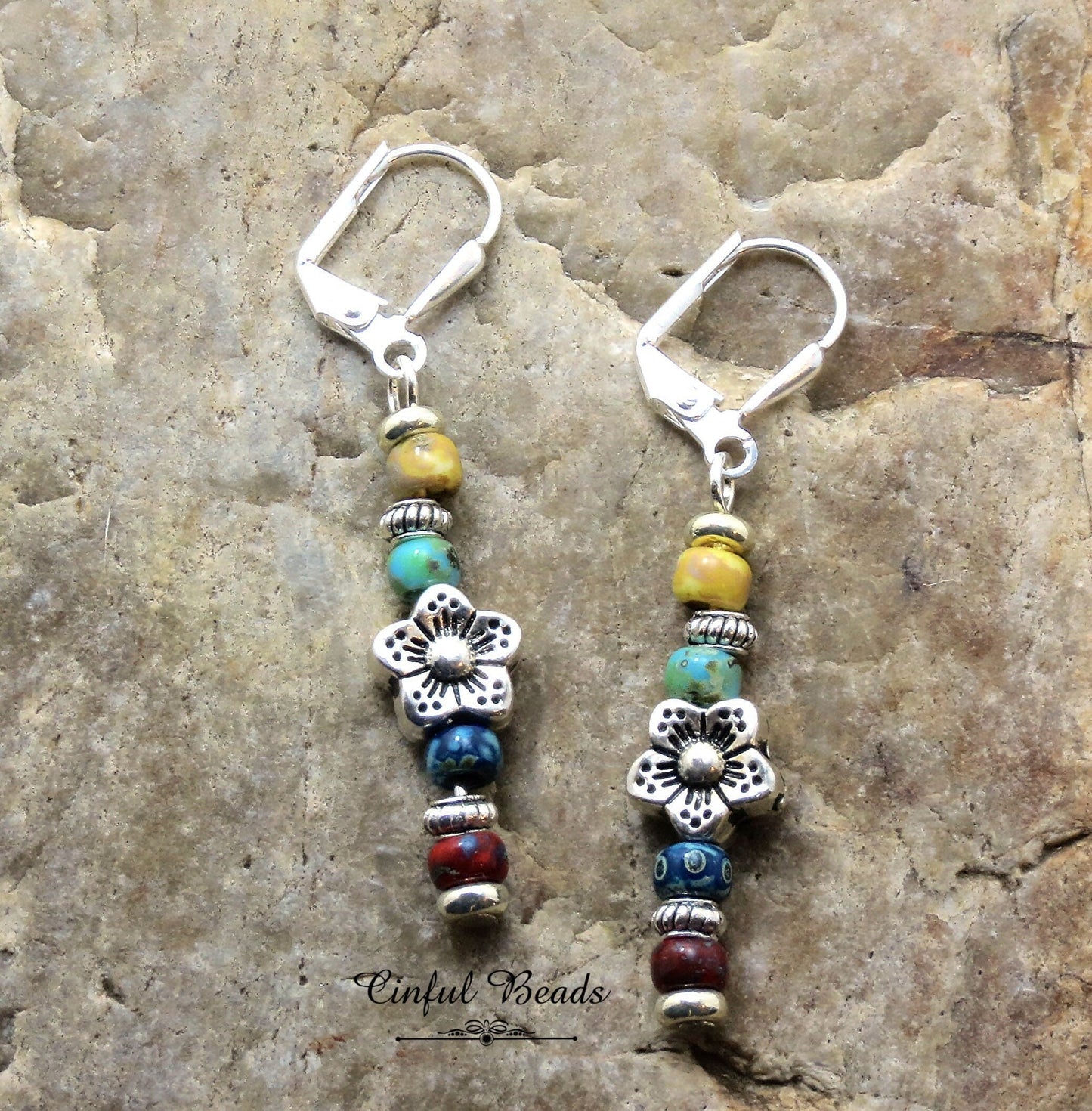 Dainty Multicolor Picasso Seed Bead Stick Earrings with Flower Spacer Bead - Lightweight And Comfortable Boho Statement Jewelry