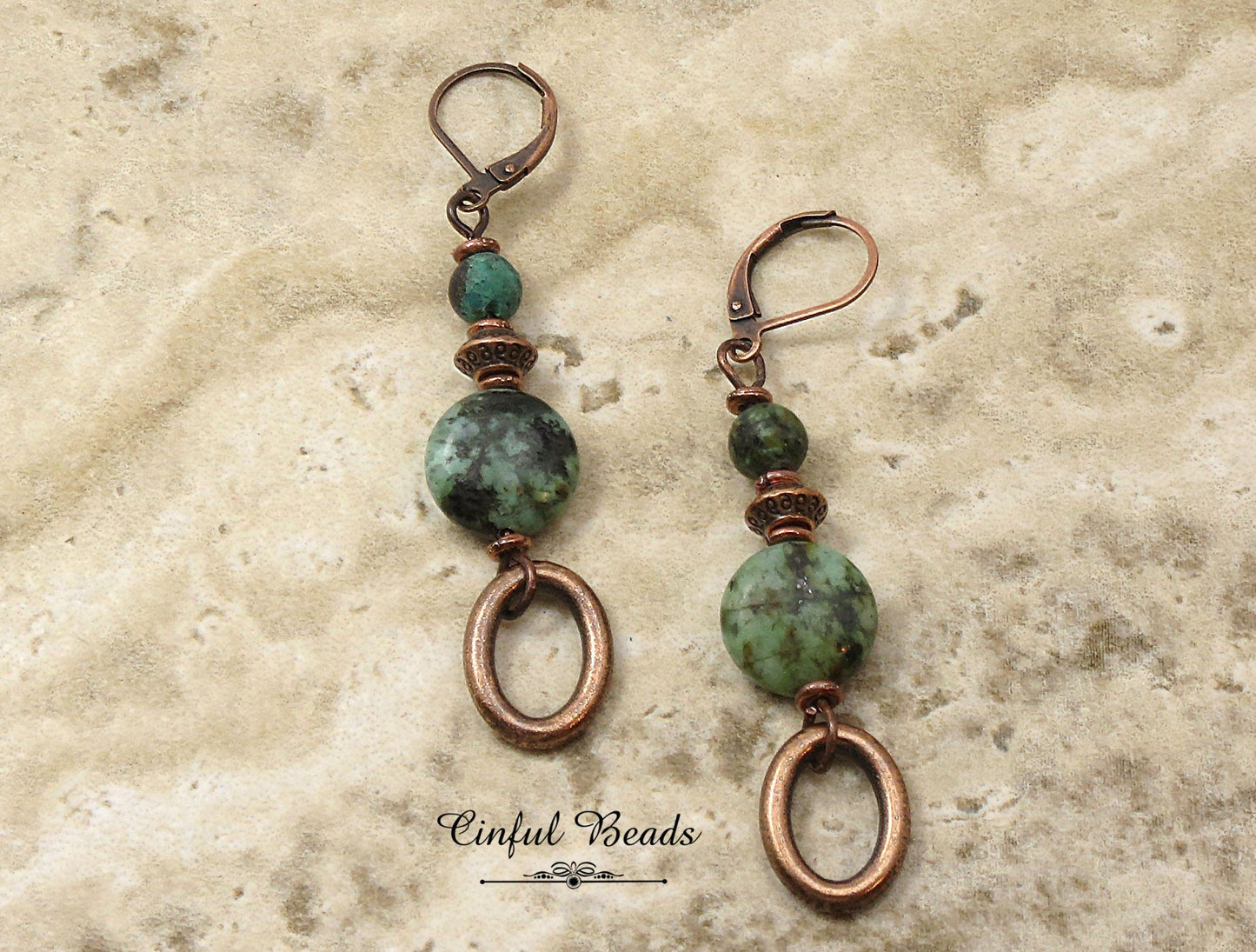 African Turquoise Copper Dangle Earrings - Antique Copper Boho Gemstone Earrings - Natural African Turquoise Drop Earrings - Stone Earrings