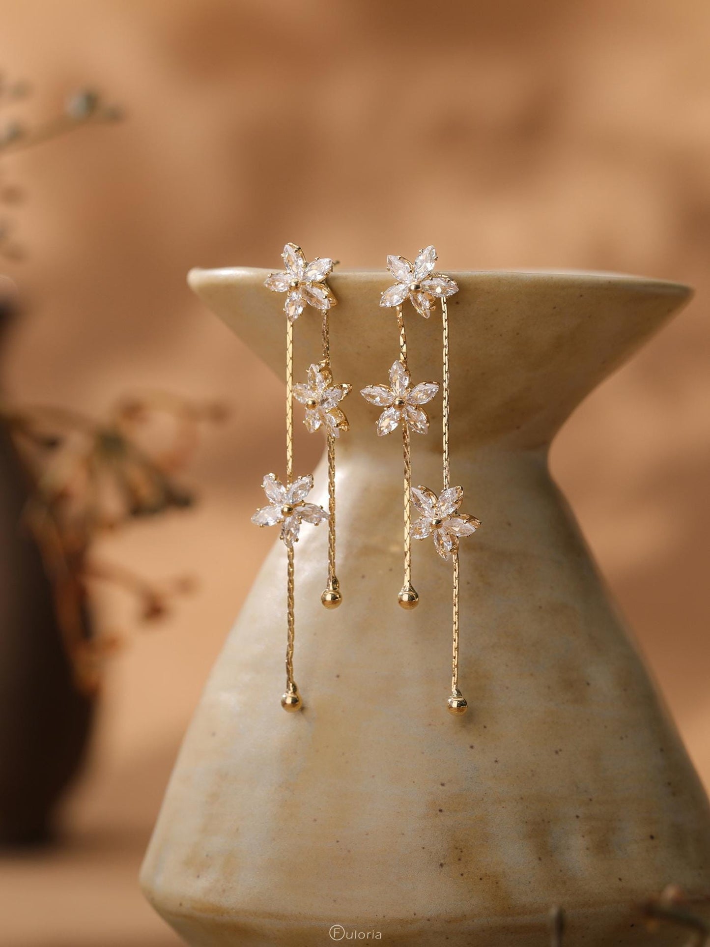 Flower Diamond Drop Earrings, Minimalist Dangle Diamond Earrings, Wedding Earrings, Gold Crystal Earrings, Christmas Gifts, Bridesmaid Gifts