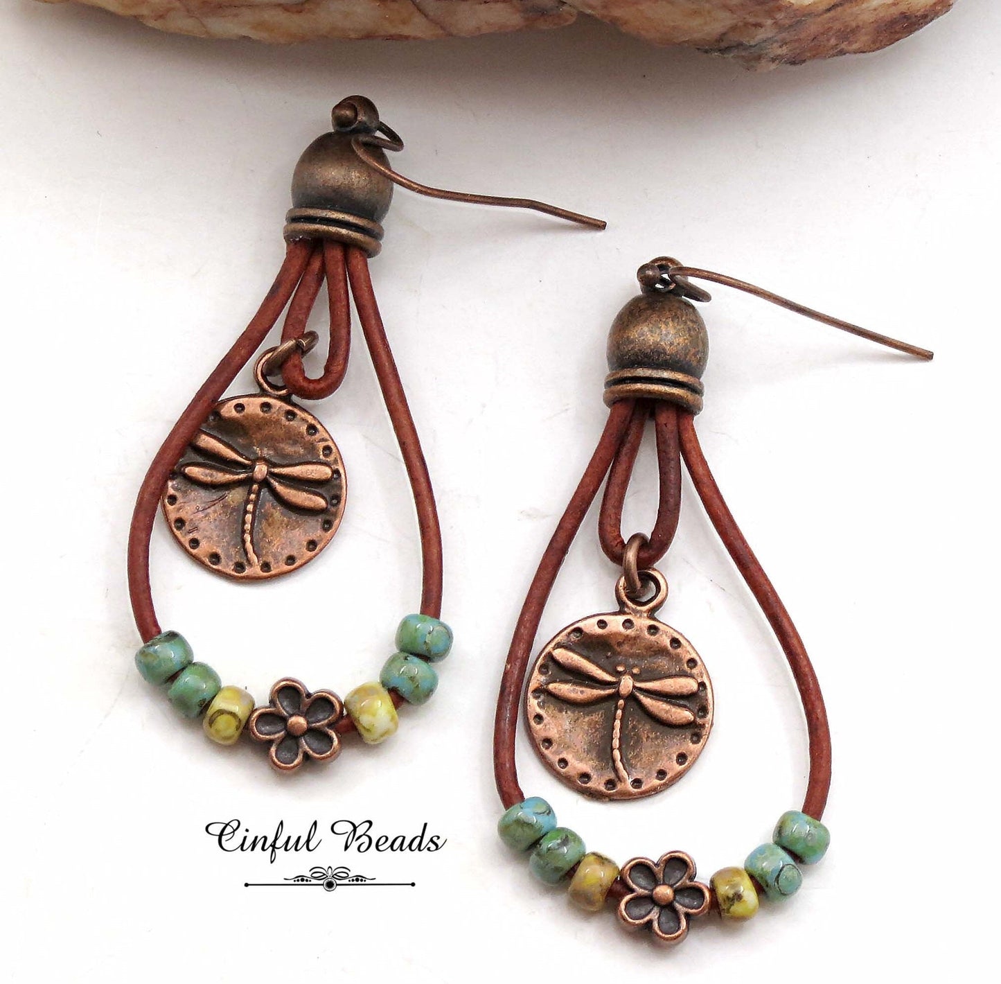 Boho Leather Dangle Earrings - Copper Dragonfly Leather Teardrop Earrings - Turquoise Picasso Leather Southwestern Earrings