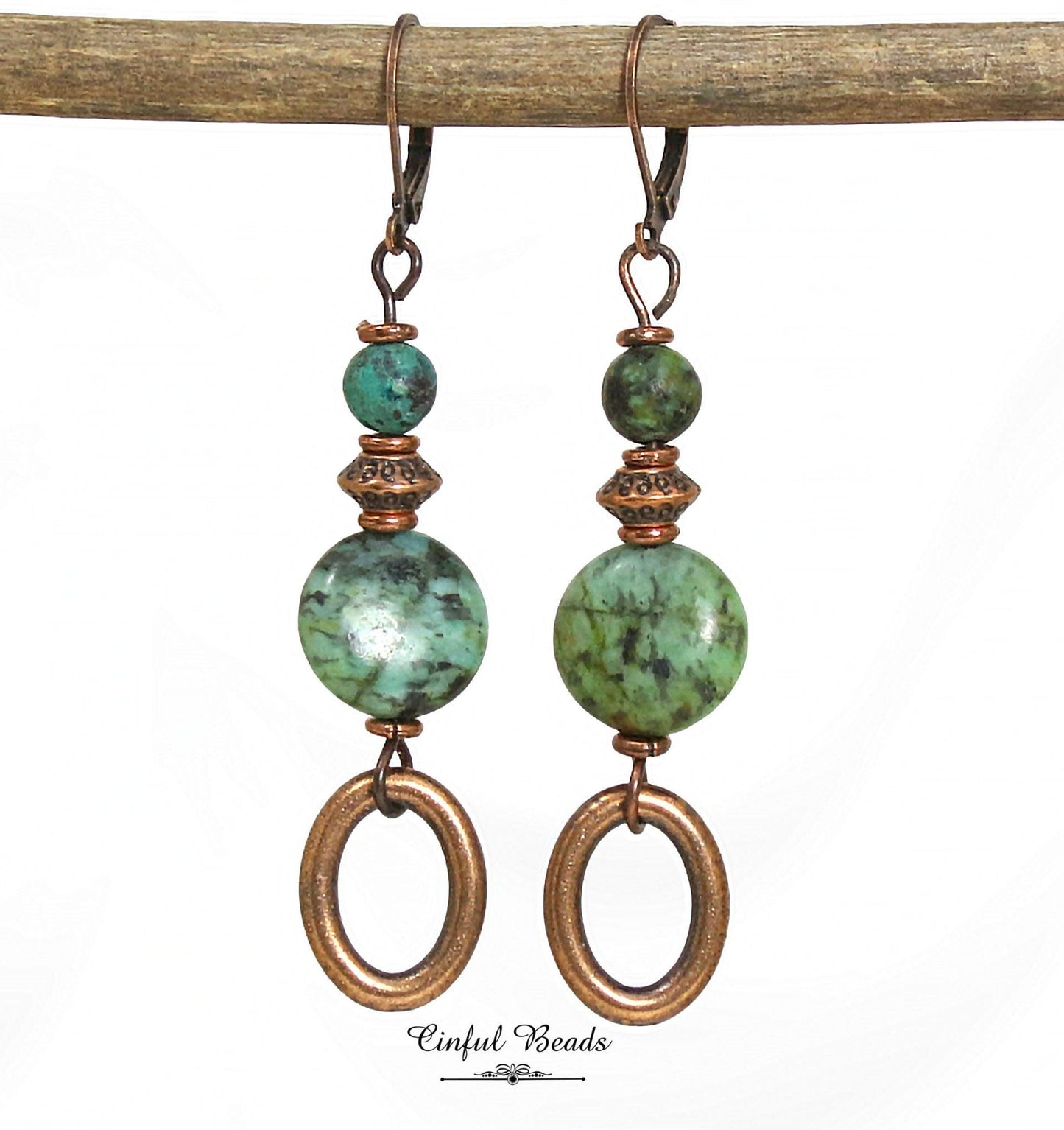 African Turquoise Copper Dangle Earrings - Antique Copper Boho Gemstone Earrings - Natural African Turquoise Drop Earrings - Stone Earrings