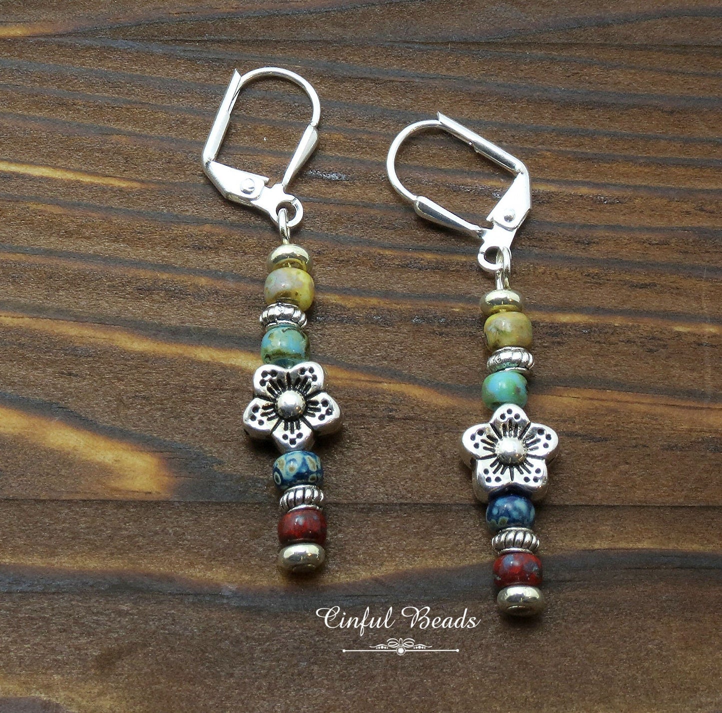 Dainty Multicolor Picasso Seed Bead Stick Earrings with Flower Spacer Bead - Lightweight And Comfortable Boho Statement Jewelry