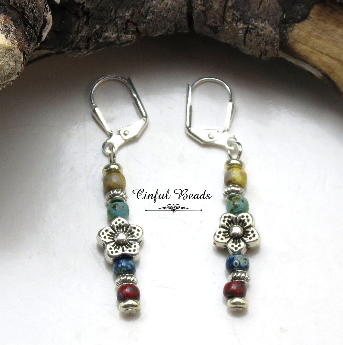 Dainty Multicolor Picasso Seed Bead Stick Earrings with Flower Spacer Bead - Lightweight And Comfortable Boho Statement Jewelry