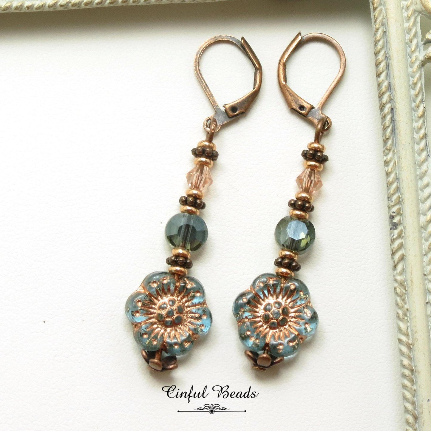 Antique Copper Boho Earrings - Transparent Aqua and Rose Dangle Earrings -Lightweight Flower Earrings with Matching Necklace