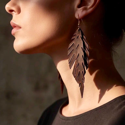 Handmade Genuine Leather Leaf Earrings, Boho Style, Lightweight Natural Leather Jewelry, Gift for Her