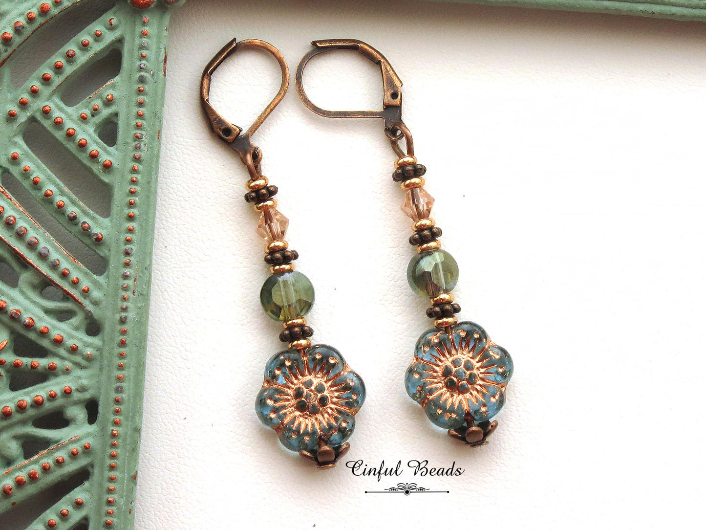 Antique Copper Boho Earrings - Transparent Aqua and Rose Dangle Earrings -Lightweight Flower Earrings with Matching Necklace