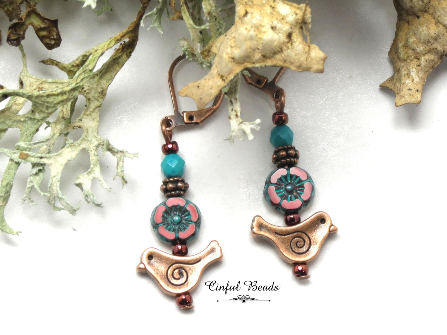 Antique Copper Bird Earrings with Red Czech Glass Hawaiian Flower and Turquoise Wash - Minimalist Boho Dangle Earrings - Customized Earwires