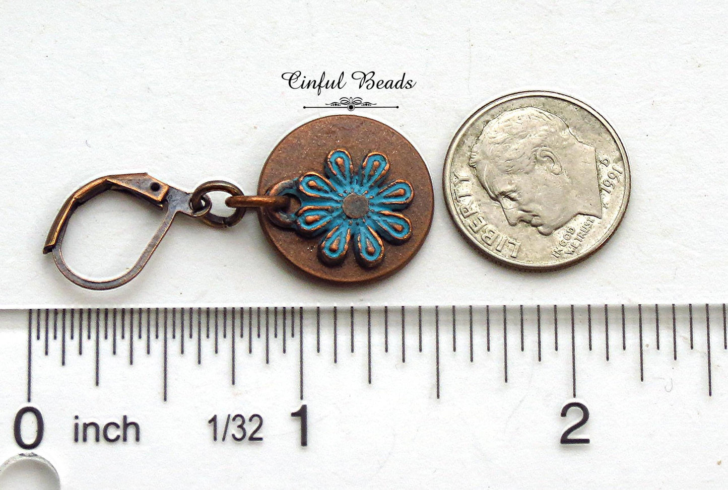 Copper Patina Boho Dangle Earrings - Copper and Turquoise Patina Flower Earrings