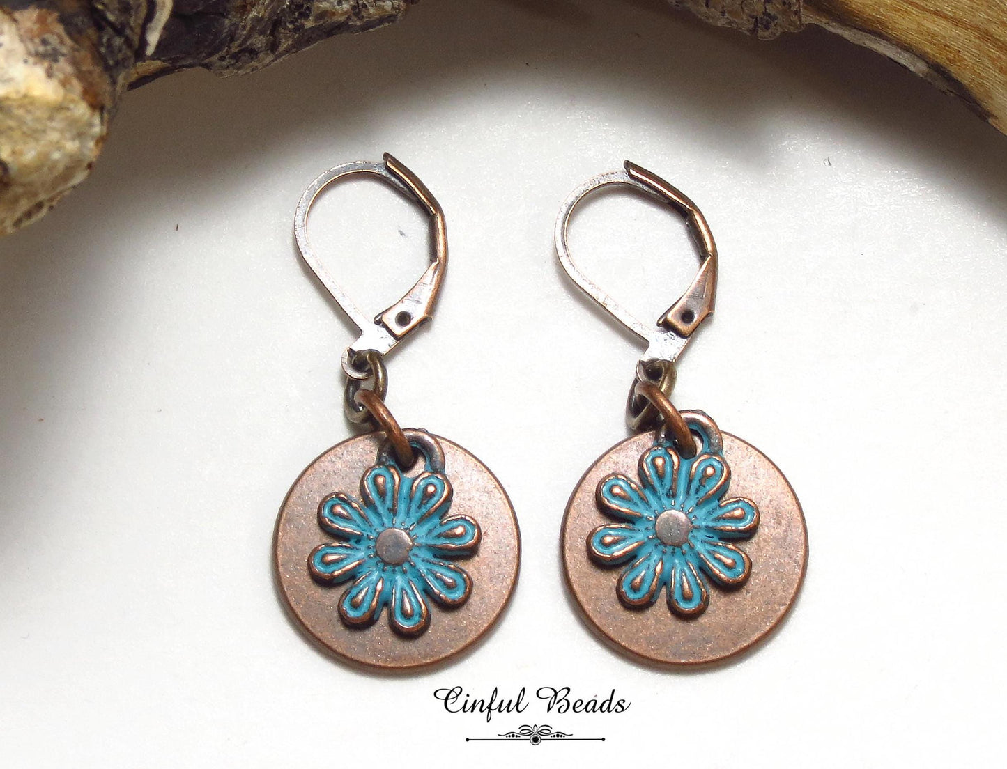Copper Patina Boho Dangle Earrings - Copper and Turquoise Patina Flower Earrings