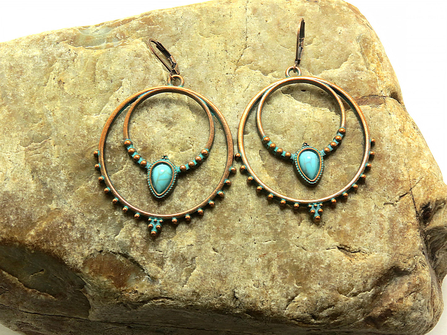 Boho Antique Copper Patina Hoop Earrings with Faux Turquoise