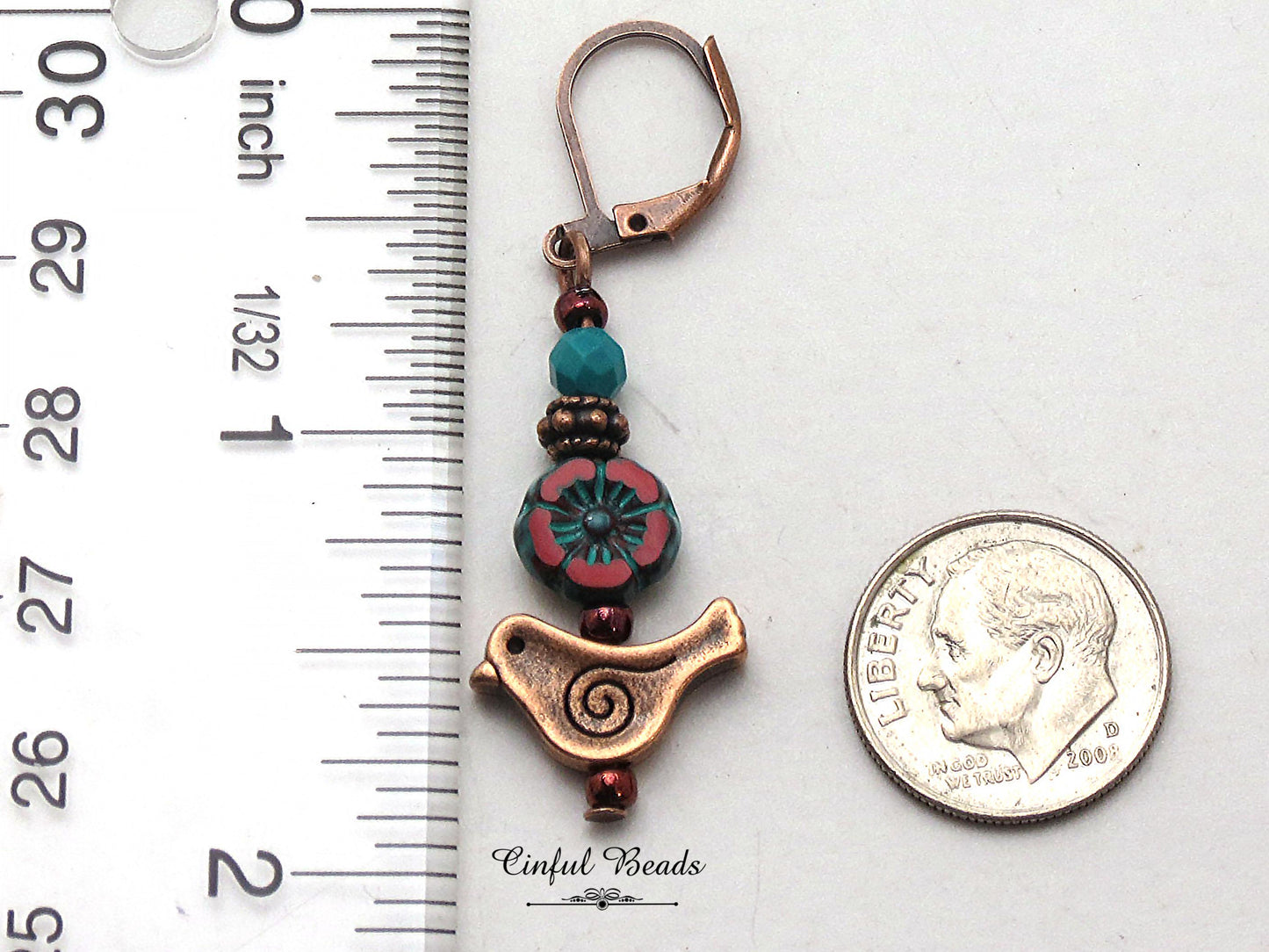 Antique Copper Bird Earrings with Red Czech Glass Hawaiian Flower and Turquoise Wash - Minimalist Boho Dangle Earrings - Customized Earwires