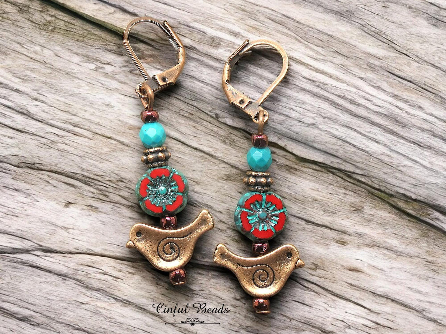 Antique Copper Bird Earrings with Red Czech Glass Hawaiian Flower and Turquoise Wash - Minimalist Boho Dangle Earrings - Customized Earwires