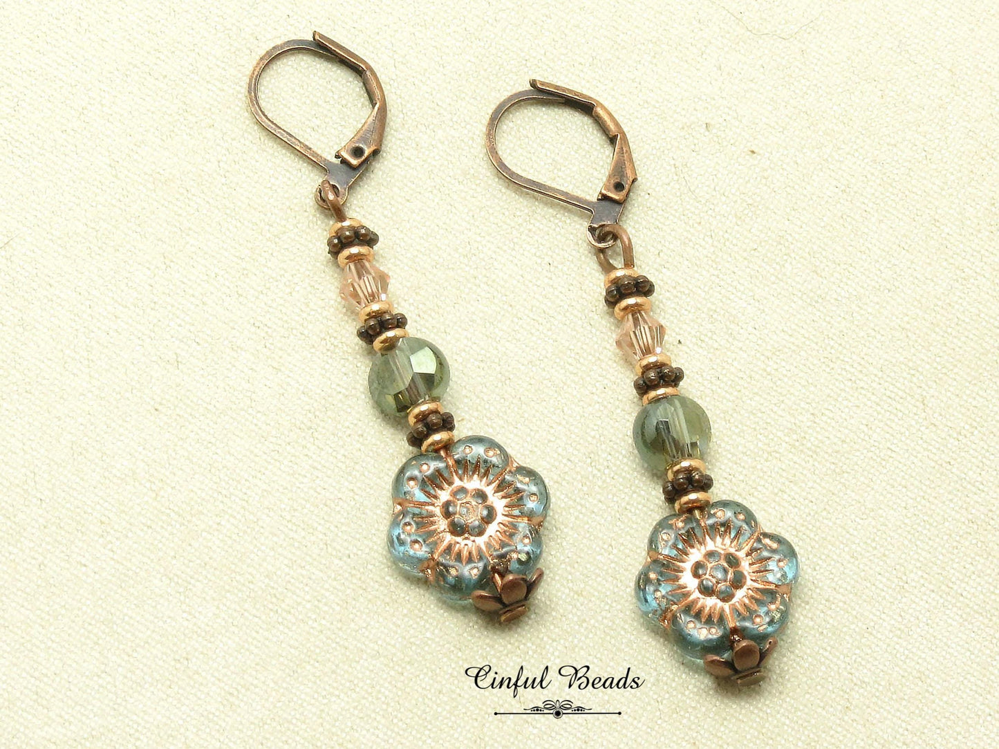 Antique Copper Boho Earrings - Transparent Aqua and Rose Dangle Earrings -Lightweight Flower Earrings with Matching Necklace
