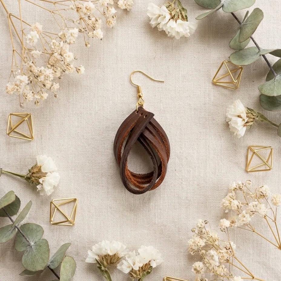 Genuine Leather Teardrop Earrings, Layered Dangle Boho Jewelry, Lightweight Natural Design