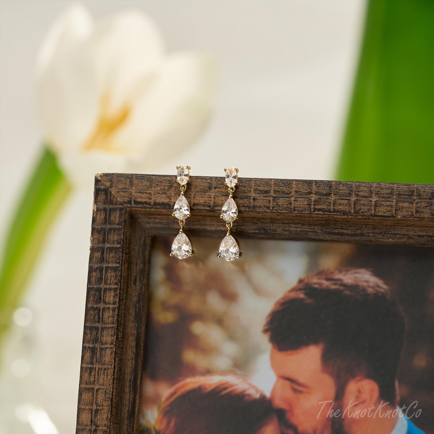 Sterling Silver Dangle Diamond Earrings, Triple Diamond Drop Earrings, Gold Earrings, Bridesmaid Gift, Wedding Earrings, Wedding Jewelry Set