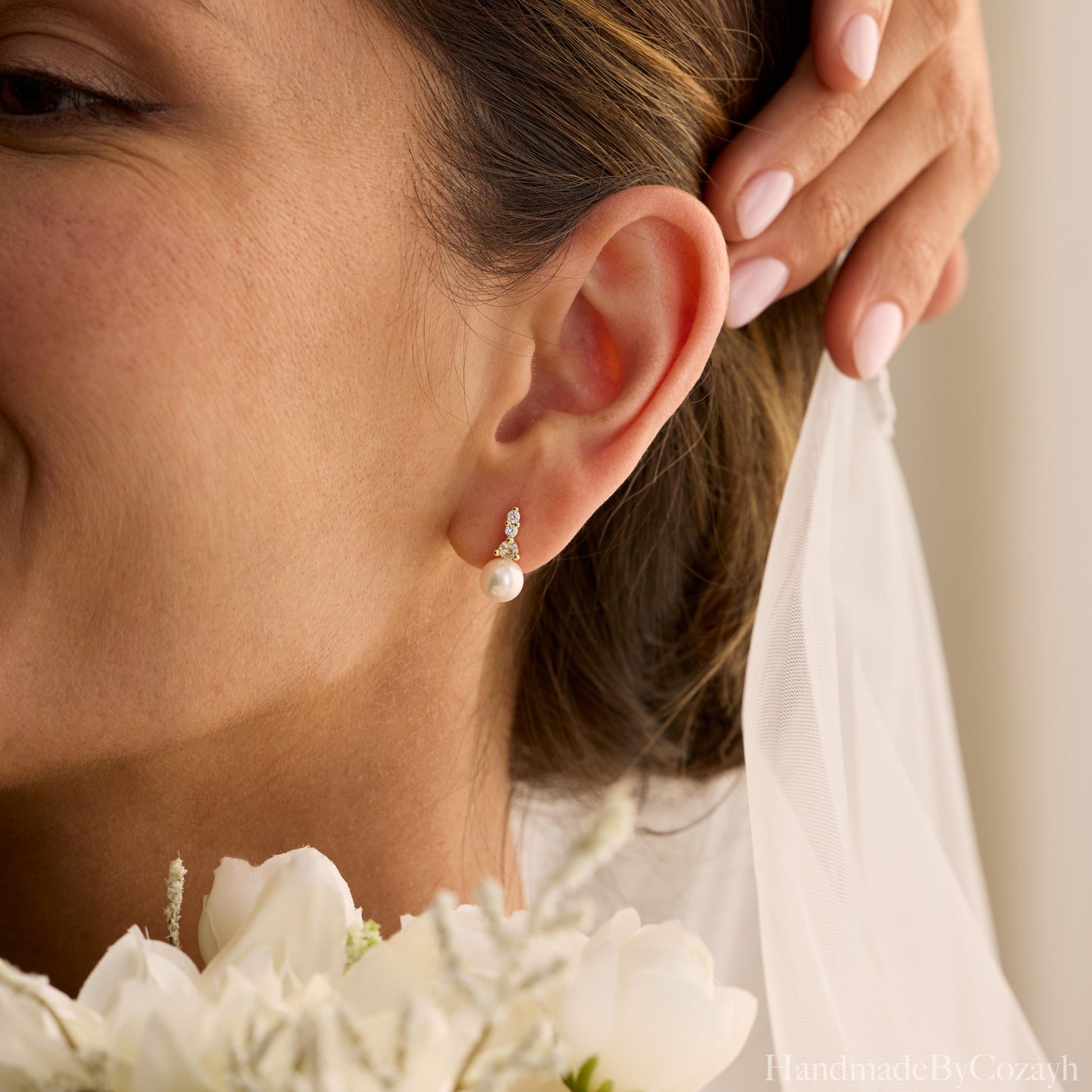 Diamond Pearl Drop Earrings, Simple Freshwater Pearl Earrings, Dainty Wedding Jewelry, Bridesmaid Gift, Bridal Earrings, Mother's Day gift