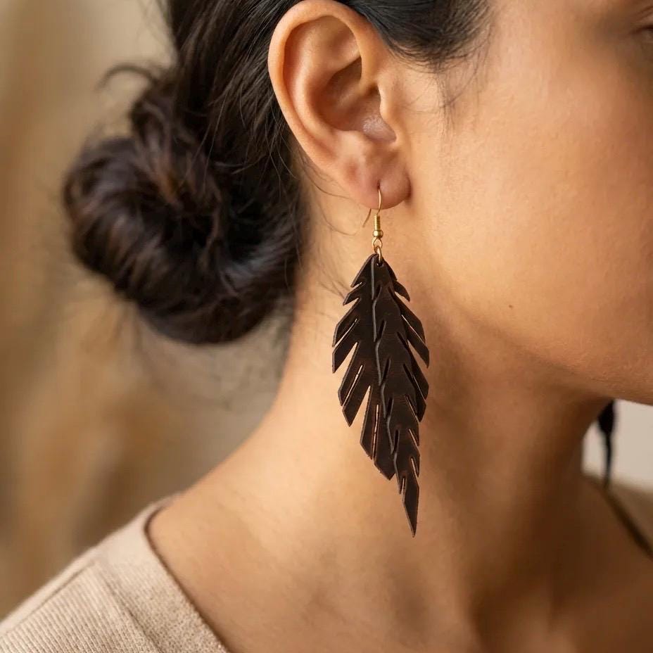 Handmade Genuine Leather Leaf Earrings, Boho Style, Lightweight Natural Leather Jewelry, Gift for Her