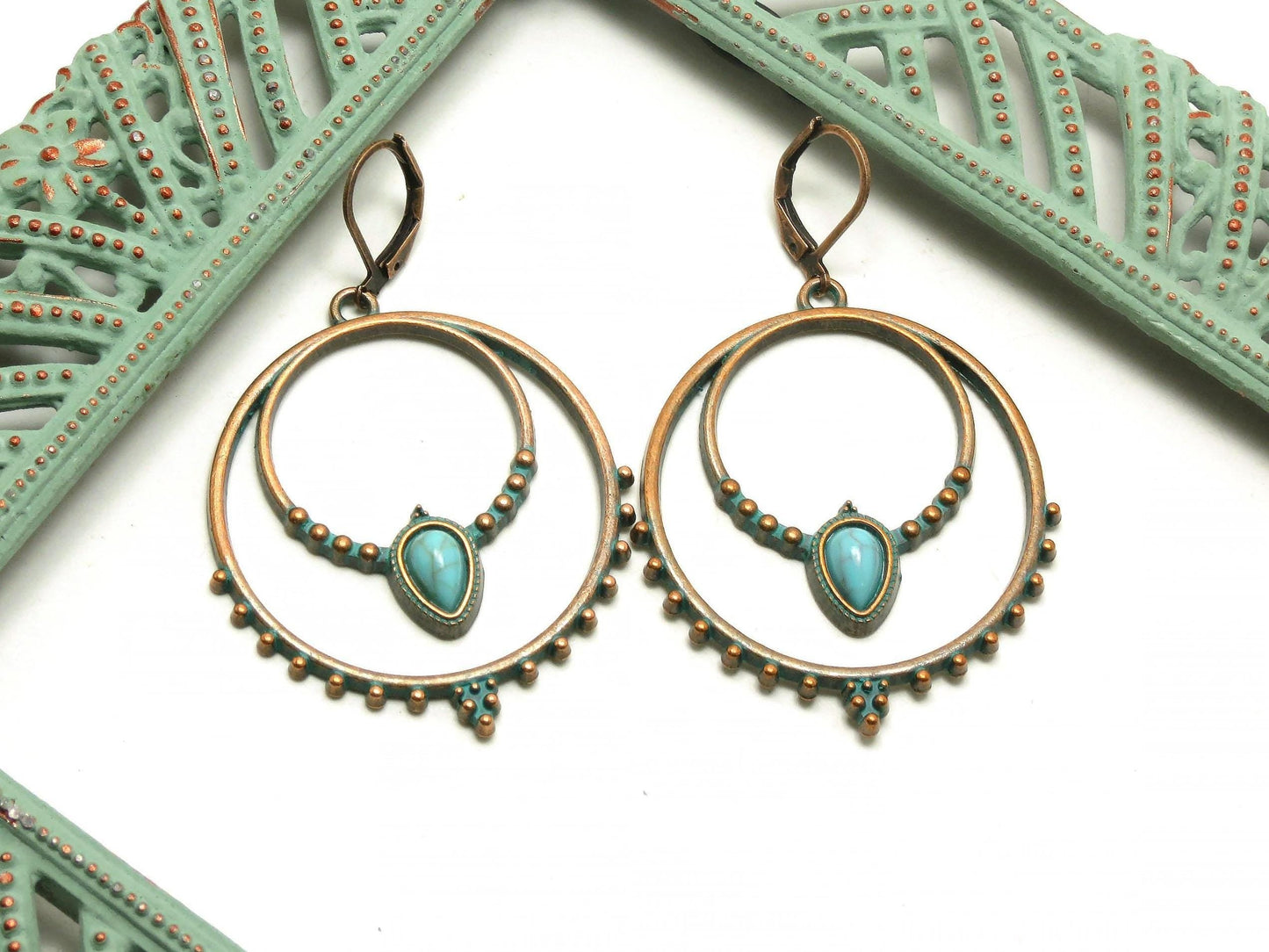 Boho Antique Copper Patina Hoop Earrings with Faux Turquoise