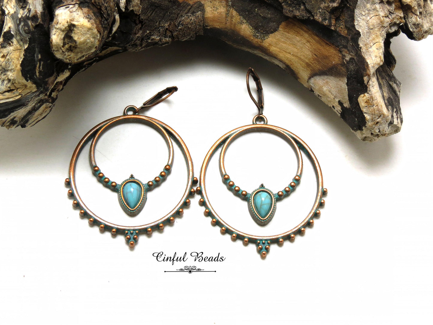 Boho Antique Copper Patina Hoop Earrings with Faux Turquoise