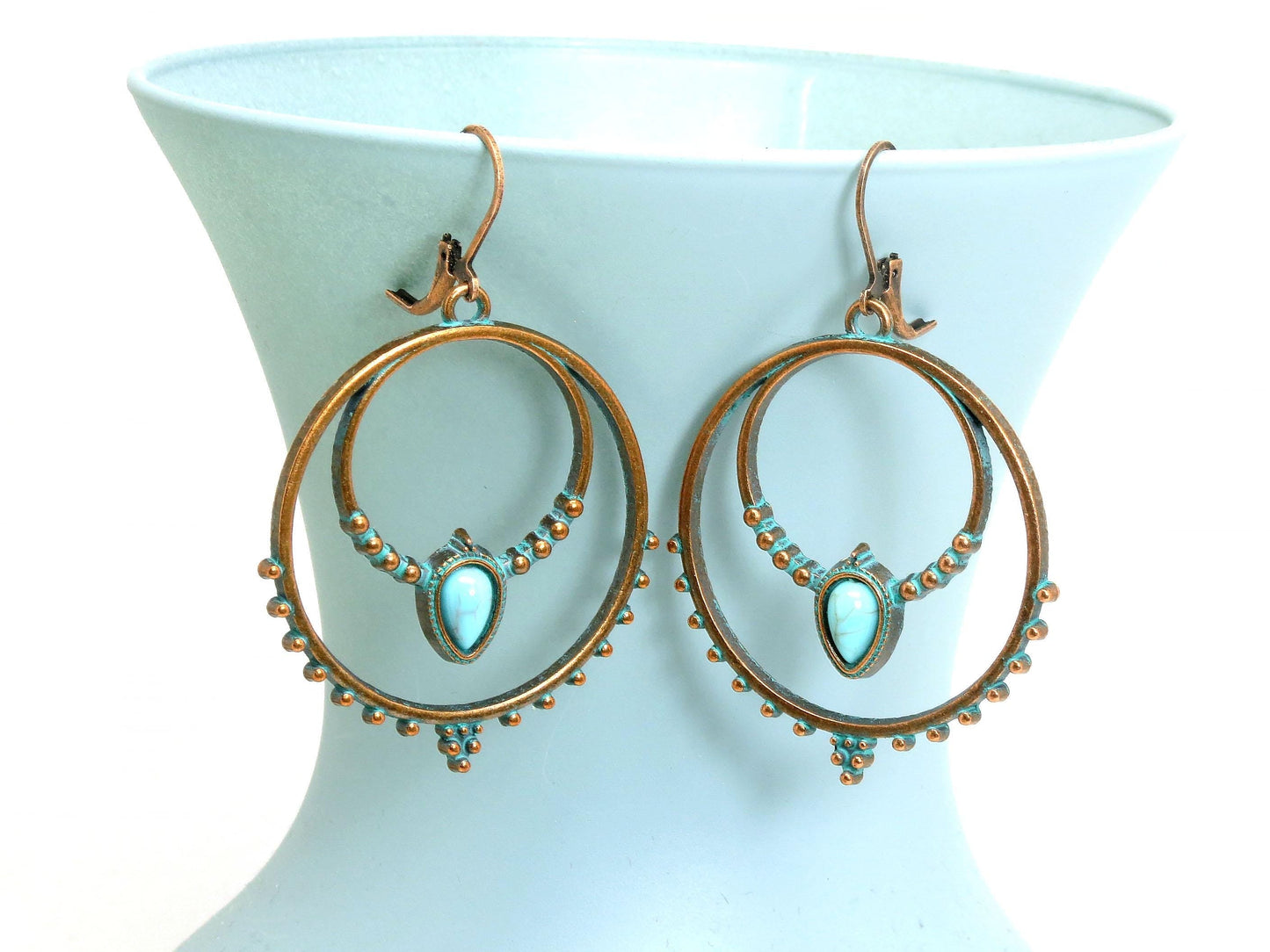 Boho Antique Copper Patina Hoop Earrings with Faux Turquoise