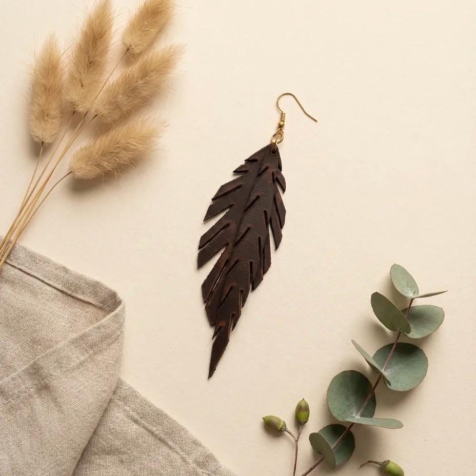 Handmade Genuine Leather Leaf Earrings, Boho Style, Lightweight Natural Leather Jewelry, Gift for Her