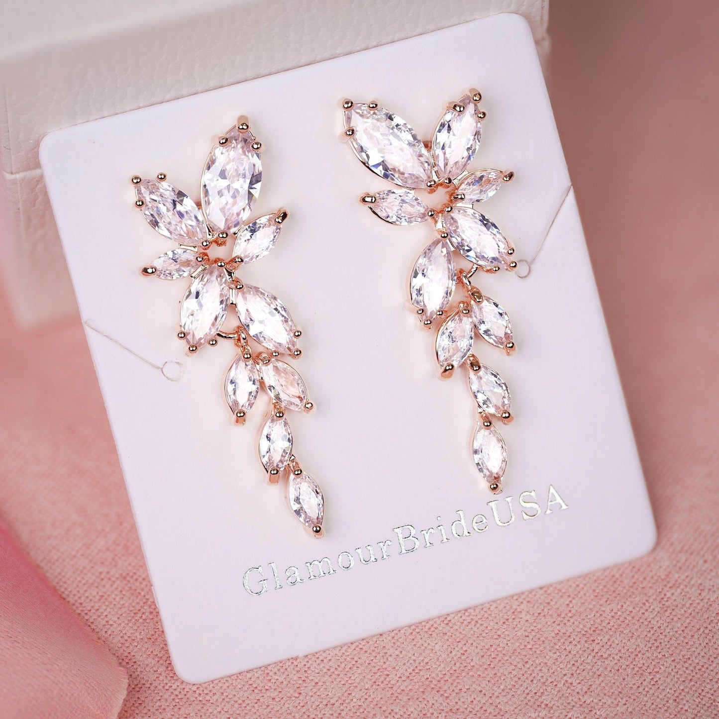 Crystal Bridal Earrings Drop Earrings Rose Gold Wedding Jewelry Crystal leaf Earrings Gold Bridal Jewelry Silver bridal earrings