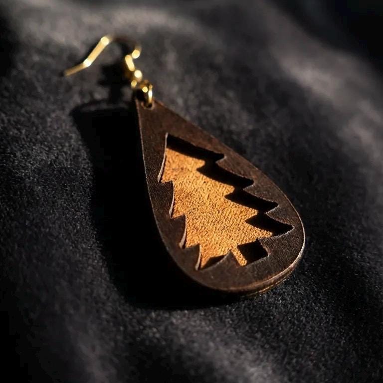 Handmade Leather Teardrop Earrings, Tree Design, Boho Rustic Nature Jewelry