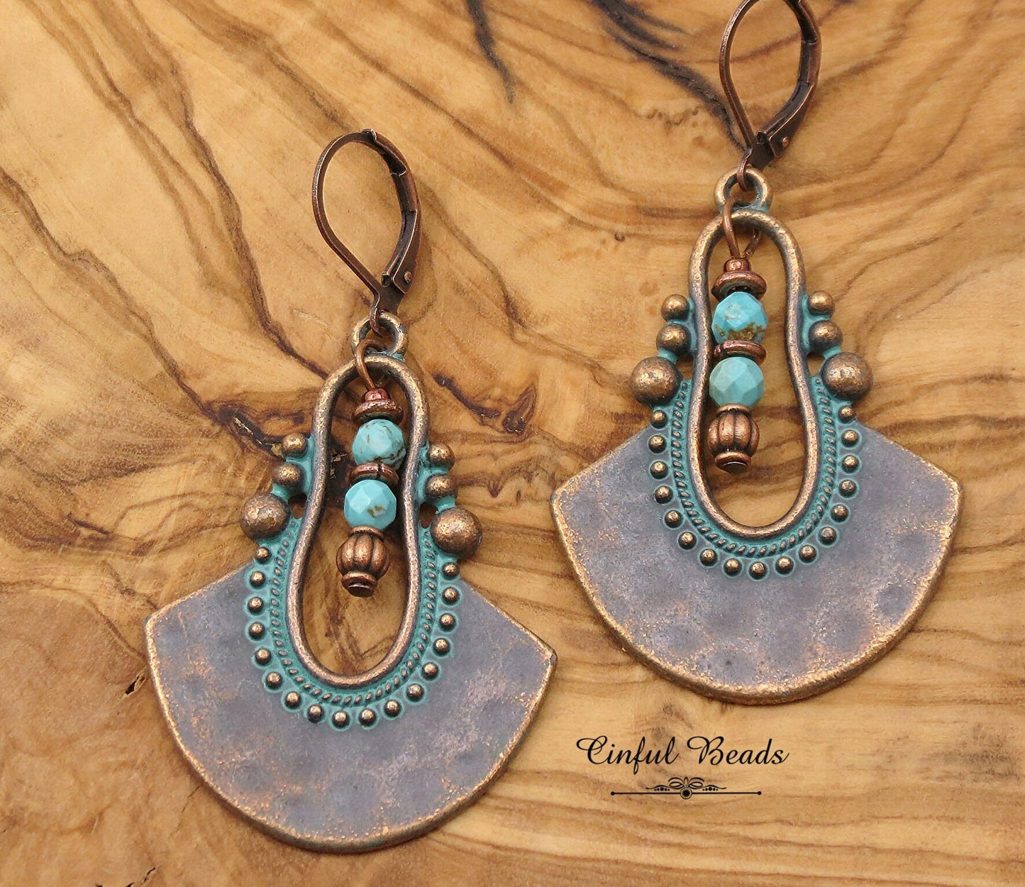Turquoise Patina Boho Dangle Earrings - Antique Copper Ethnic Earrings With Turquoise Magnesite Beads - Rustic Dangle Pendant Earrings