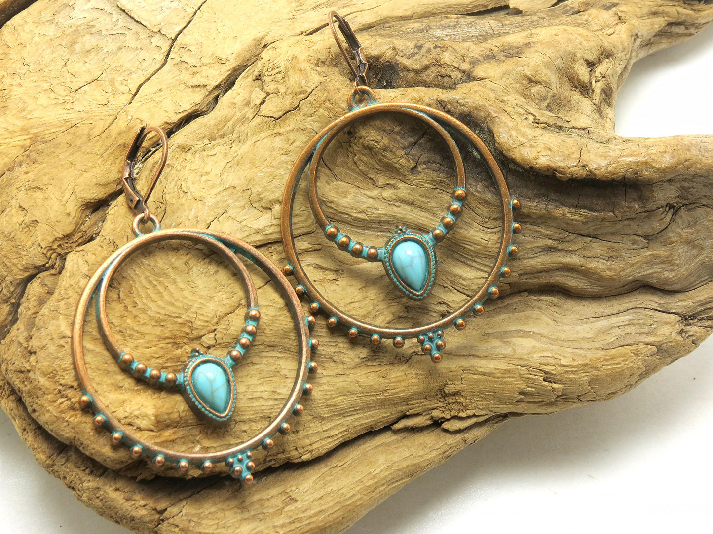 Boho Antique Copper Patina Hoop Earrings with Faux Turquoise