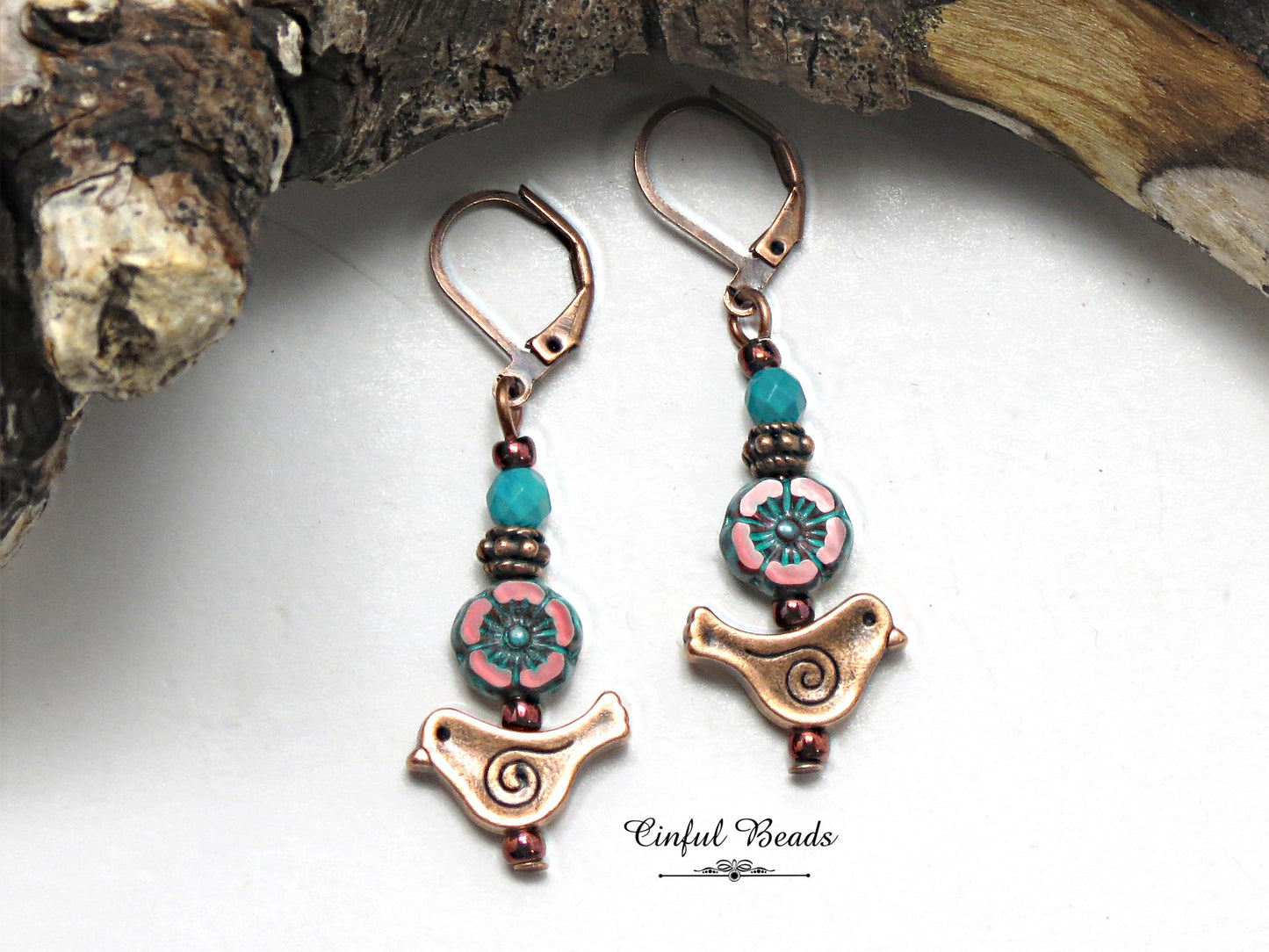 Antique Copper Bird Earrings with Red Czech Glass Hawaiian Flower and Turquoise Wash - Minimalist Boho Dangle Earrings - Customized Earwires
