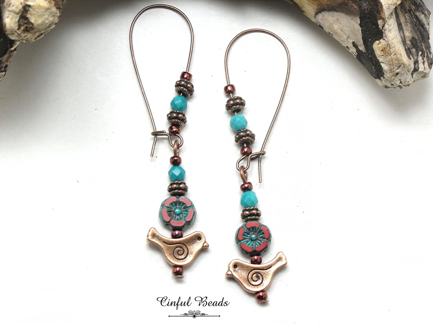 Antique Copper Bird Earrings with Red Czech Glass Hawaiian Flower and Turquoise Wash - Minimalist Boho Dangle Earrings - Customized Earwires
