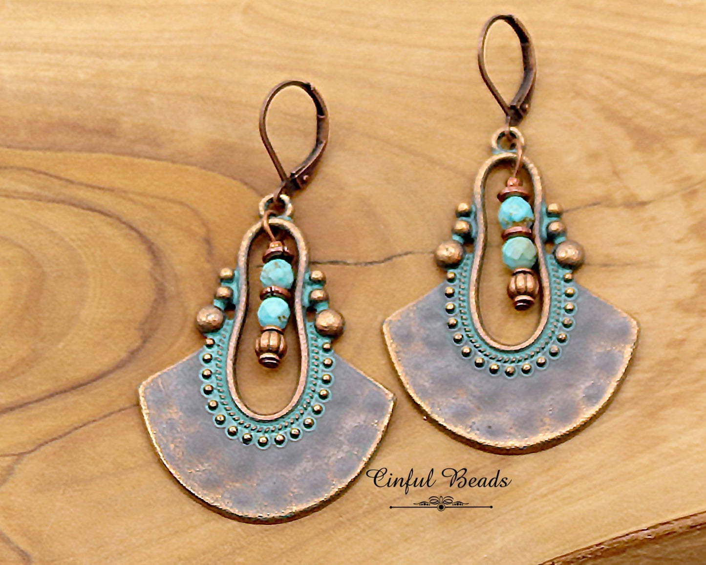 Turquoise Patina Boho Dangle Earrings - Antique Copper Ethnic Earrings With Turquoise Magnesite Beads - Rustic Dangle Pendant Earrings