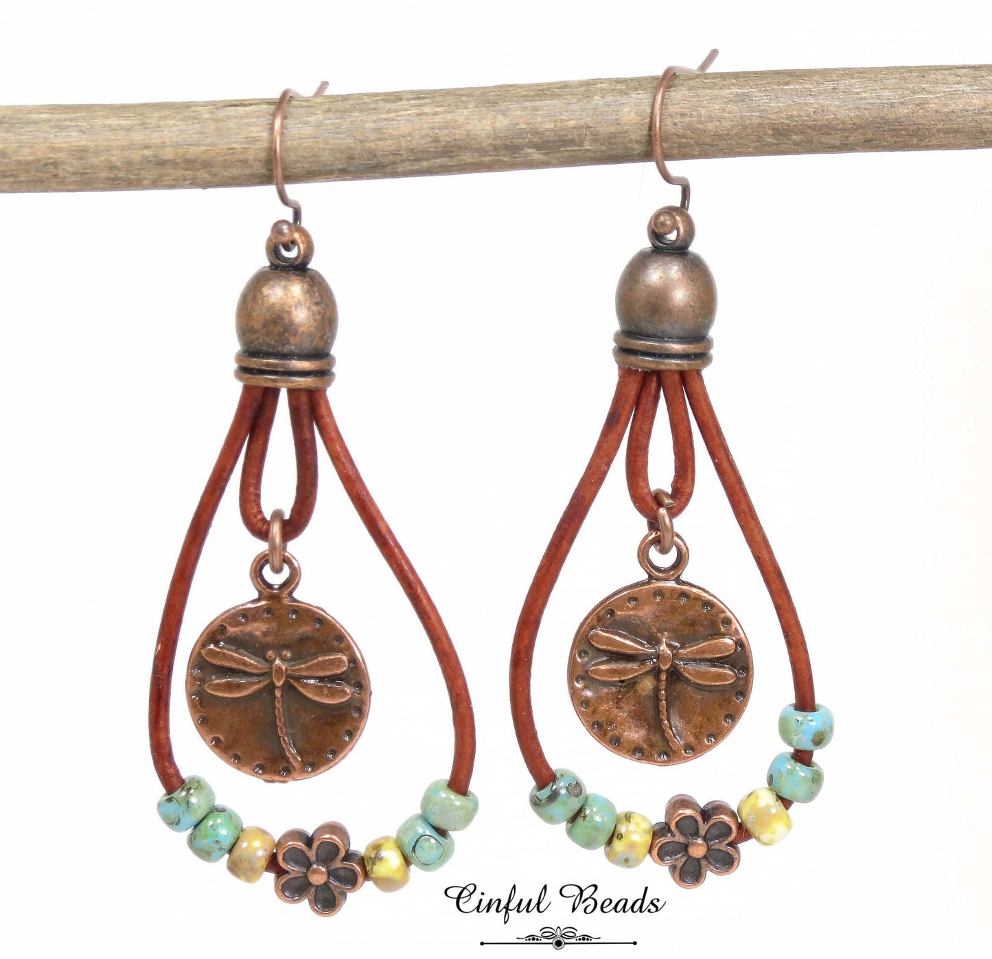 Boho Leather Dangle Earrings - Copper Dragonfly Leather Teardrop Earrings - Turquoise Picasso Leather Southwestern Earrings