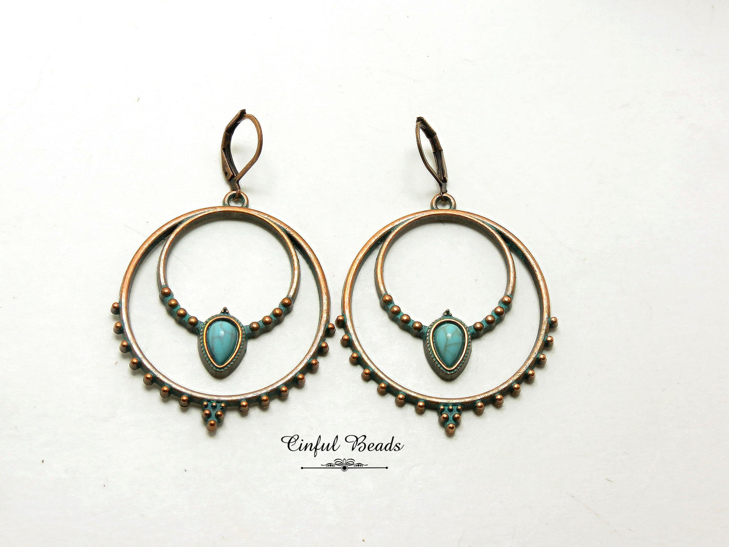 Boho Antique Copper Patina Hoop Earrings with Faux Turquoise
