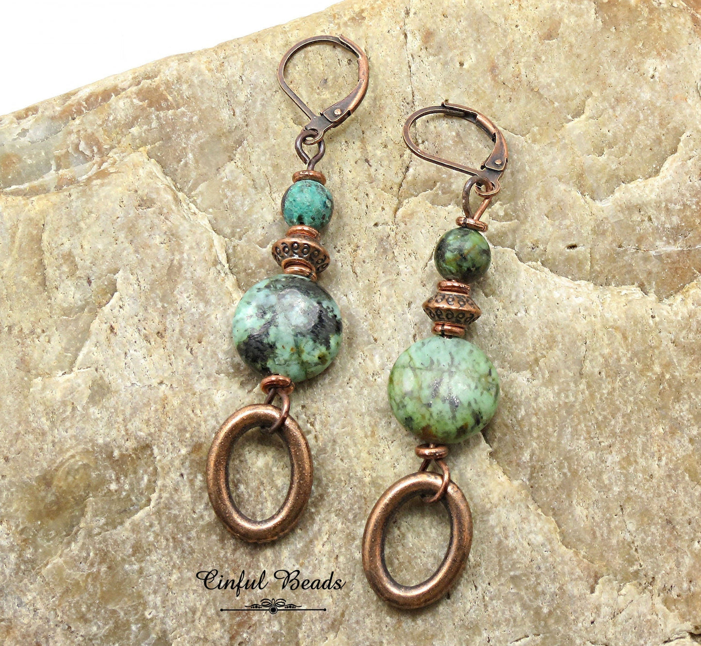 African Turquoise Copper Dangle Earrings - Antique Copper Boho Gemstone Earrings - Natural African Turquoise Drop Earrings - Stone Earrings