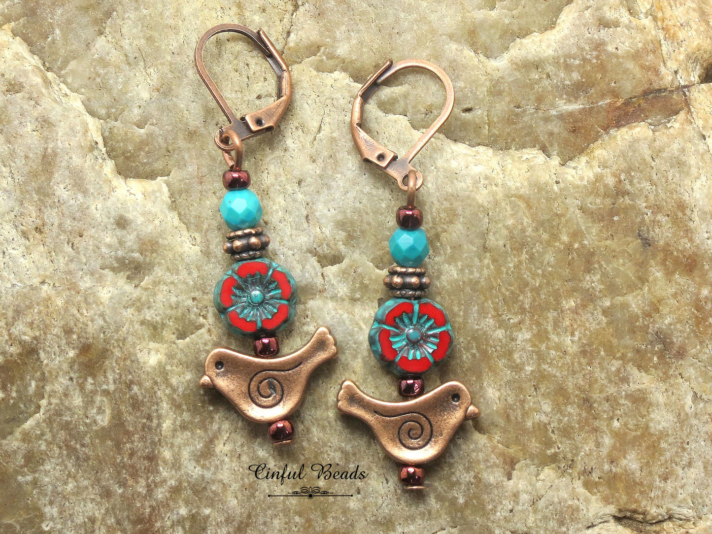 Antique Copper Bird Earrings with Red Czech Glass Hawaiian Flower and Turquoise Wash - Minimalist Boho Dangle Earrings - Customized Earwires
