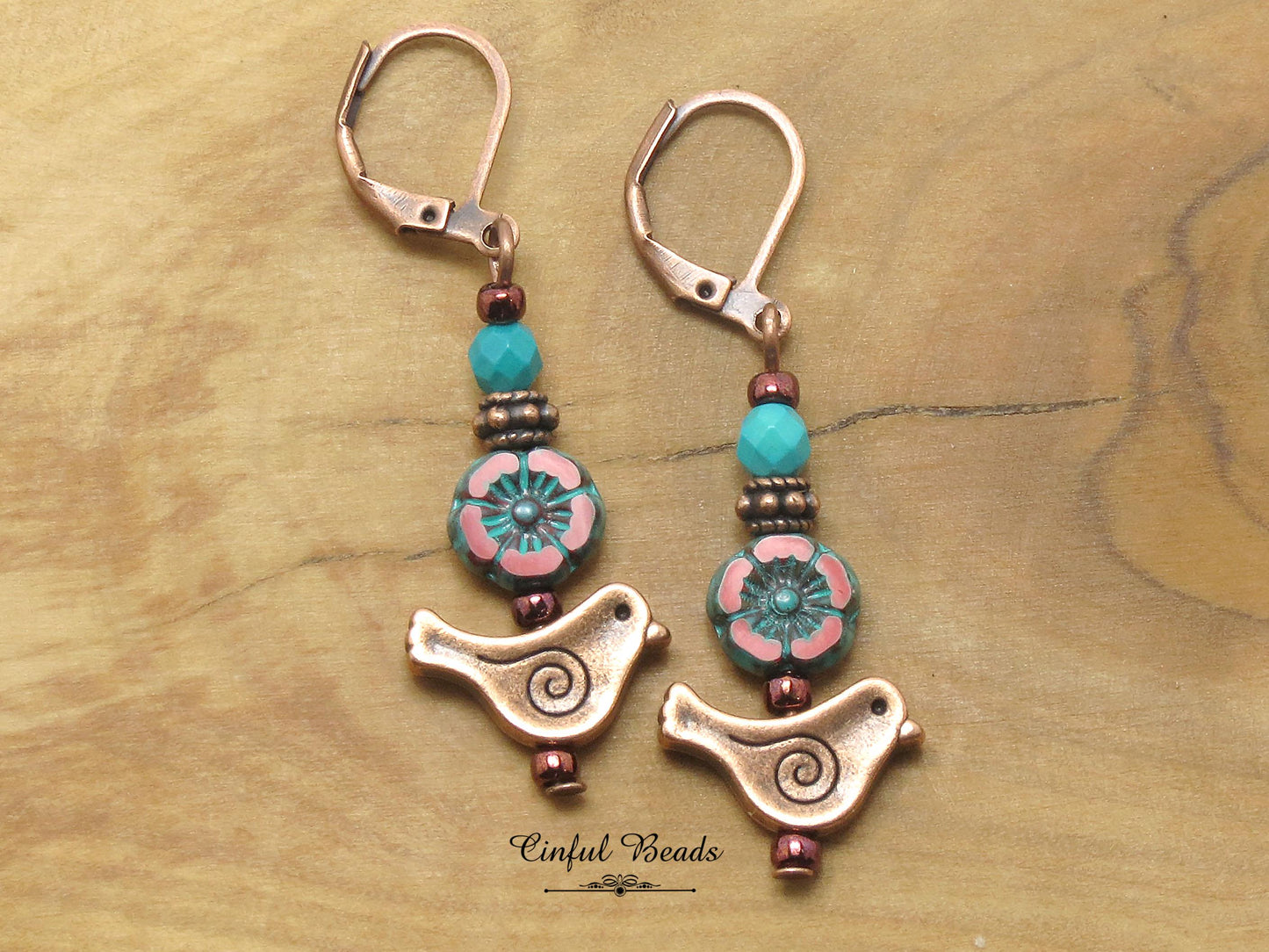 Antique Copper Bird Earrings with Red Czech Glass Hawaiian Flower and Turquoise Wash - Minimalist Boho Dangle Earrings - Customized Earwires