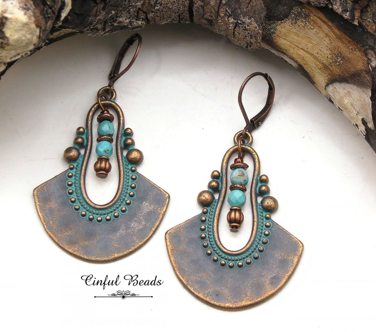 Turquoise Patina Boho Dangle Earrings - Antique Copper Ethnic Earrings With Turquoise Magnesite Beads - Rustic Dangle Pendant Earrings