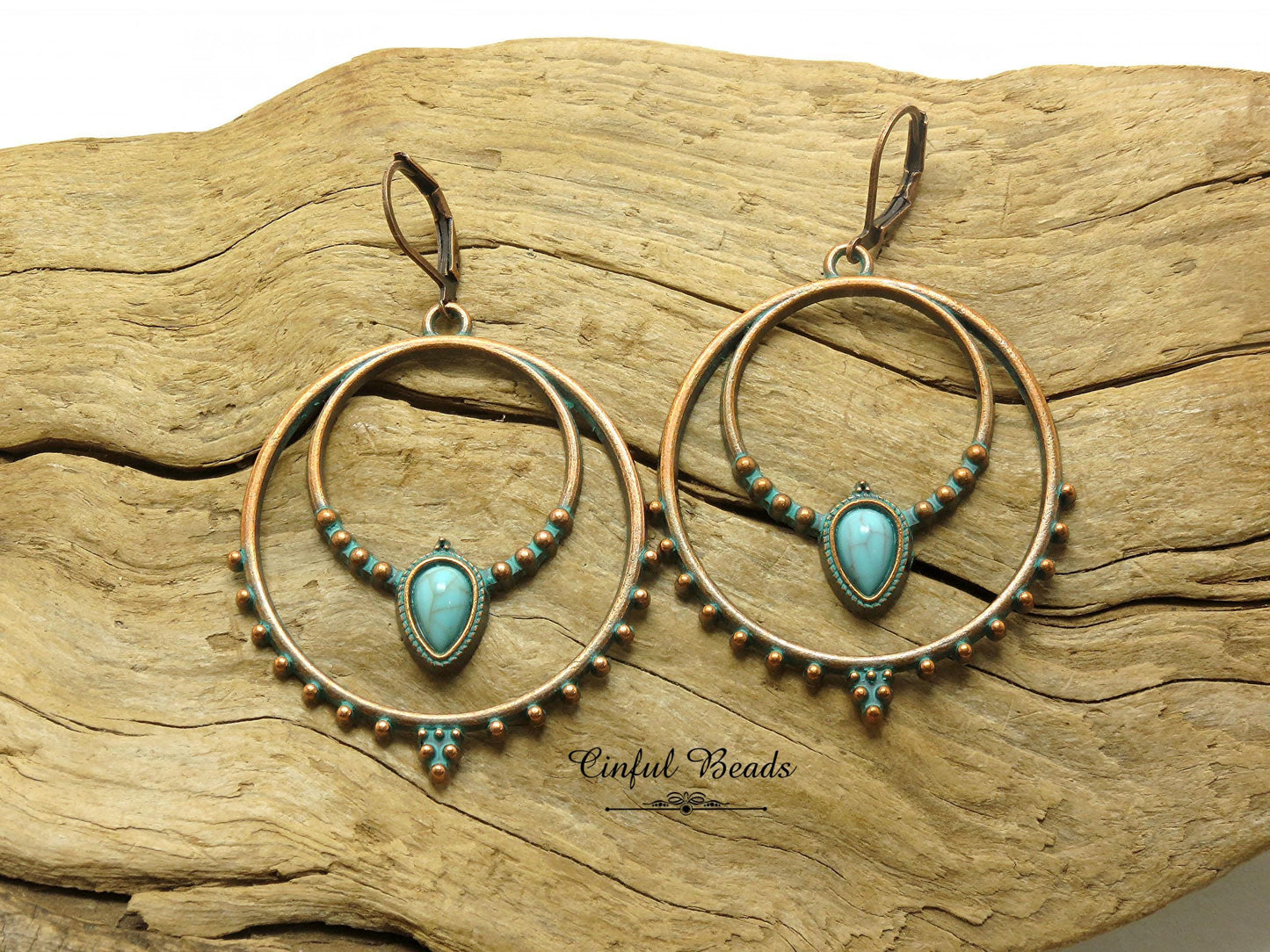 Boho Antique Copper Patina Hoop Earrings with Faux Turquoise