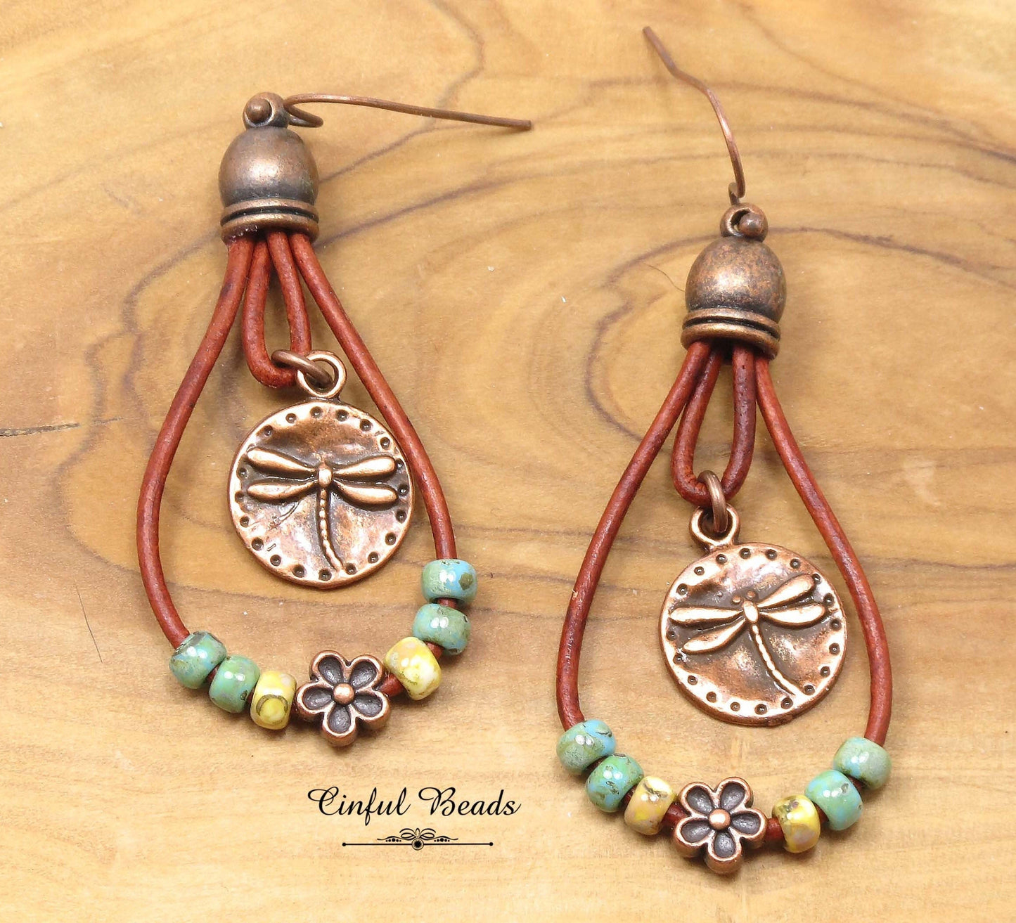 Boho Leather Dangle Earrings - Copper Dragonfly Leather Teardrop Earrings - Turquoise Picasso Leather Southwestern Earrings