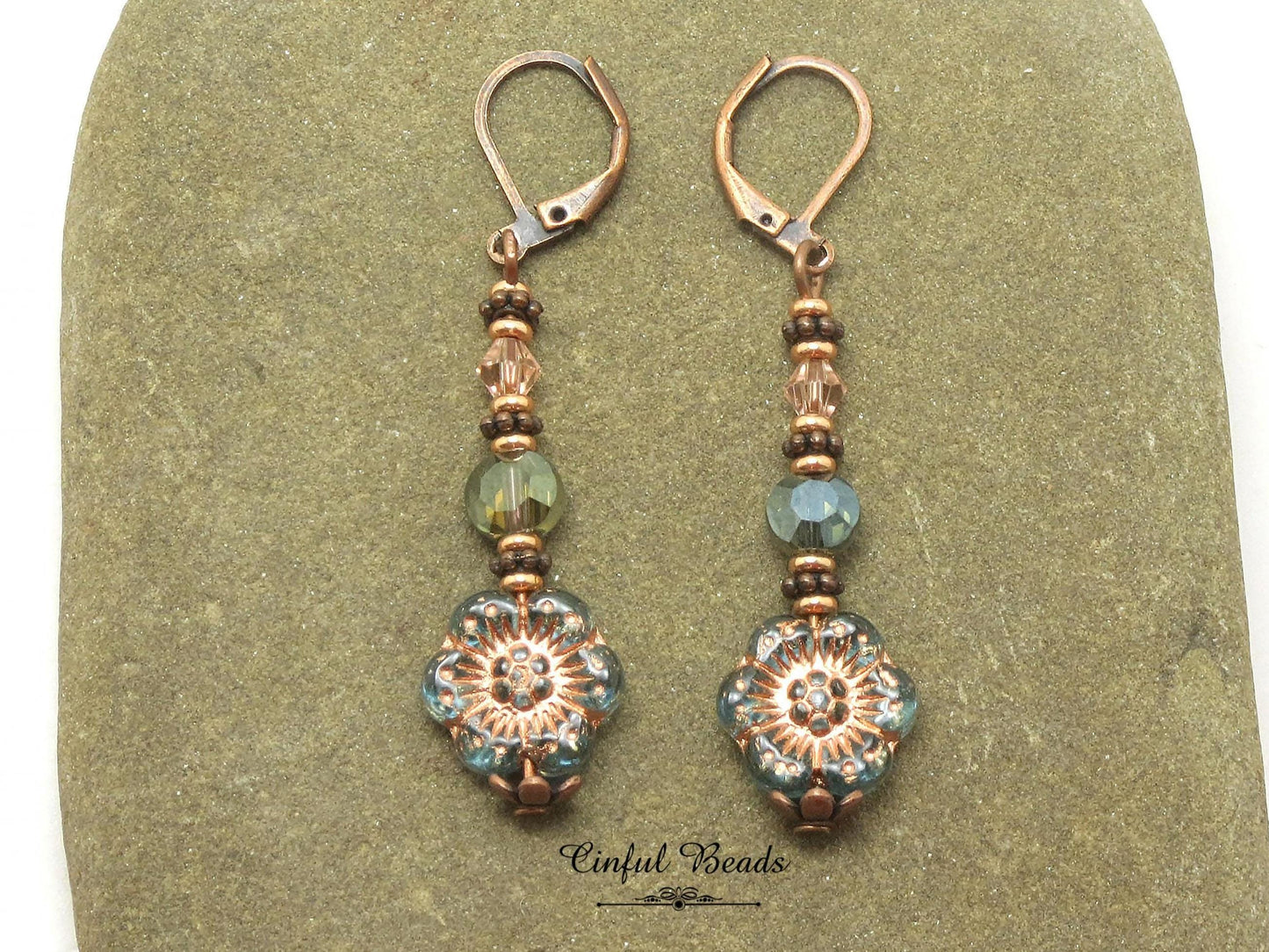 Antique Copper Boho Earrings - Transparent Aqua and Rose Dangle Earrings -Lightweight Flower Earrings with Matching Necklace