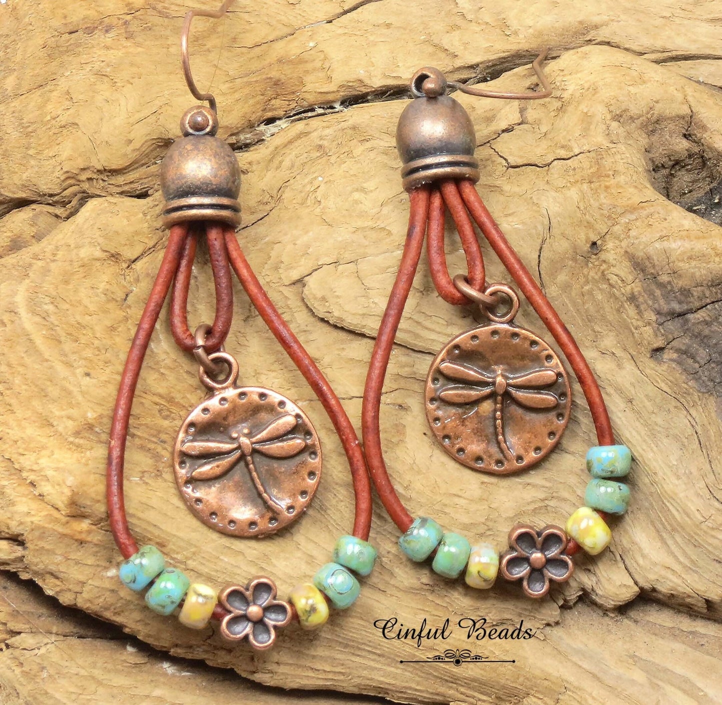 Boho Leather Dangle Earrings - Copper Dragonfly Leather Teardrop Earrings - Turquoise Picasso Leather Southwestern Earrings