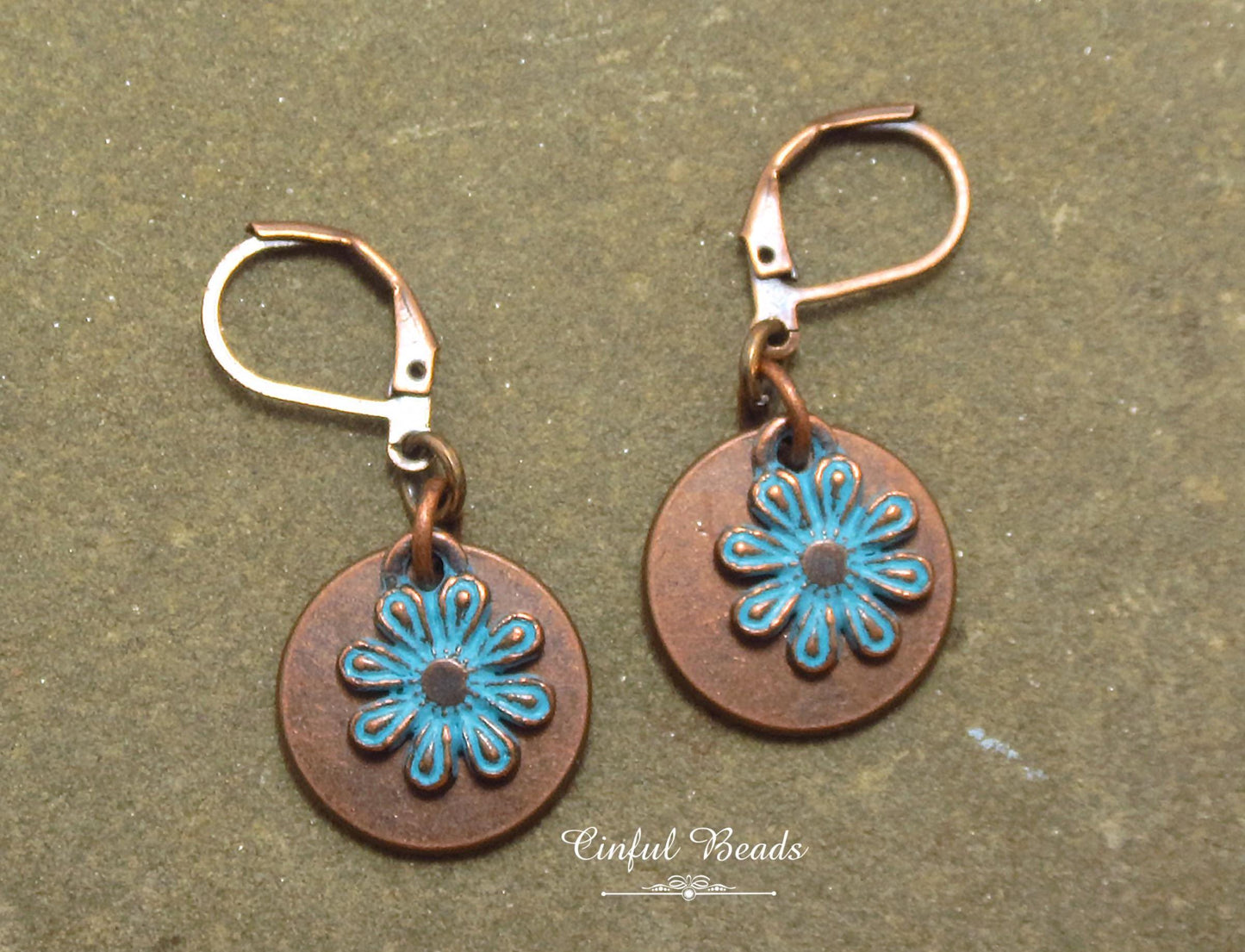 Copper Patina Boho Dangle Earrings - Copper and Turquoise Patina Flower Earrings