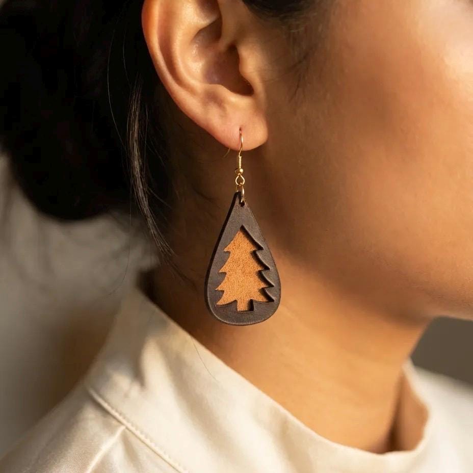 Handmade Leather Teardrop Earrings, Tree Design, Boho Rustic Nature Jewelry